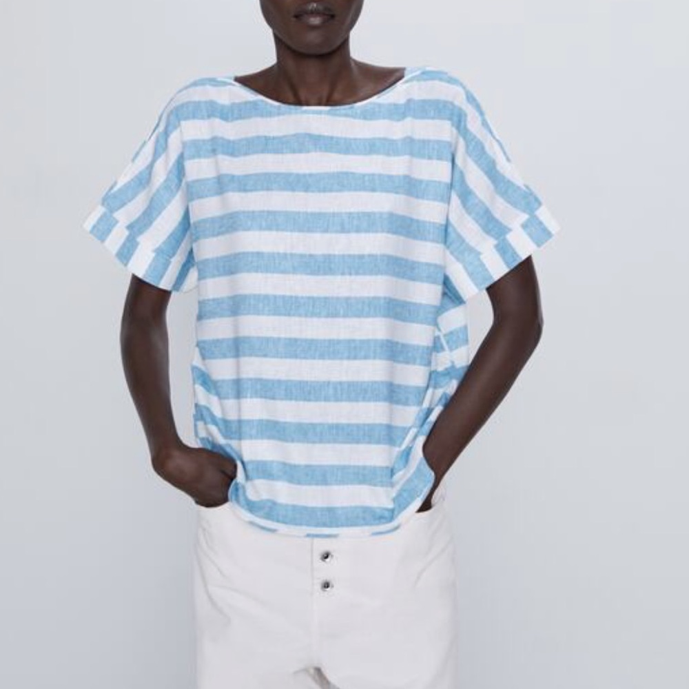 Zara Striped Rustic Linen Blend Nautical Blouse Size Small